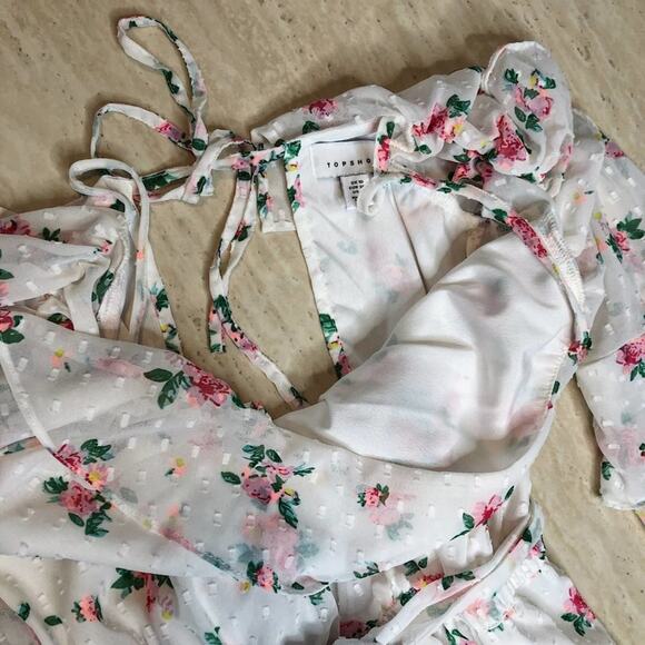 Topshop Floral Rose Swiss Dot Bardot Long Ruffle Sleeve Cold Shoulder Romper 6 - Picture 8 of 13